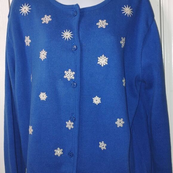 Tia Designs blue cardigan embroidered white snowflakes winter snow Sz L - Picture 2 of 5